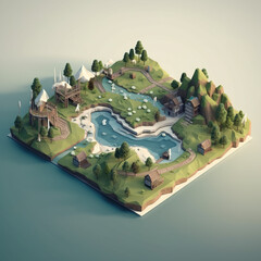Isometric large scene low polygon style realistic lake