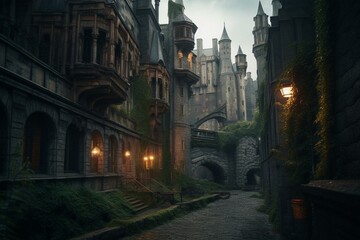 Fototapeta na wymiar A street leading to a fantasy castle in the city. Generative AI