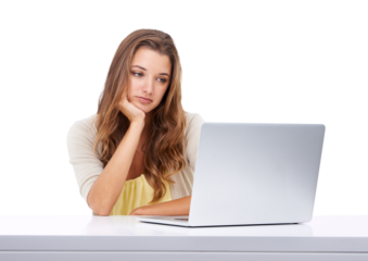 Business, bored and woman with a laptop, tired and annoyed human isolated against a transparent background. Female, lady with a glitch or person with technology, slow internet connection or exhausted