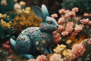 Fototapeta na wymiar Adorable blue bunny amidst vibrant blooms. Perfect for cards, invites, and backgrounds. Spring garden border design. Generative AI
