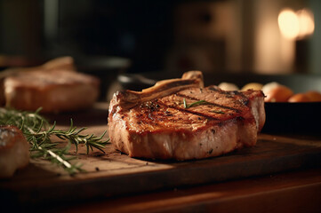 Grilled or pan roasted pork chops on the bone with garlic, rosemary and fine herbs. AI generated