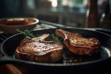 Grilled or pan roasted pork chops on the bone with garlic, rosemary and fine herbs. AI generated