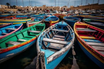 Fototapeta na wymiar Colorful Maltese fishing boats at Marsaxlokk harbor. Generative AI