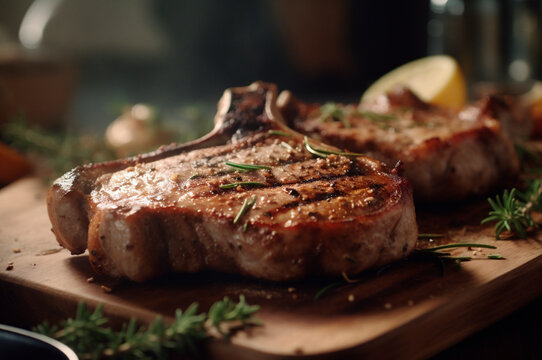 Grilled or pan roasted pork chops on the bone with garlic, rosemary and fine herbs. AI generated