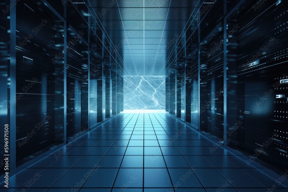 Poster data center with rows of servers in a large room. generative ai