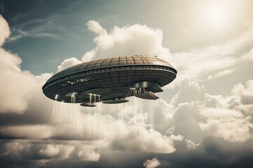Enormous extraterrestrial craft enveloped by clouds. Constructed using advanced means. Generative AI