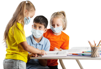 Group of children with face mask back at school after covid-19 and lockdown.