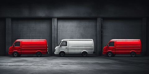 Three delivery vans lined up against a uniform gray wall. Generative AI
