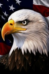 Obraz premium Fierce Eagle in front of USA Flag, Patriotic Photorealistic Illustration [Generative AI]