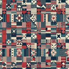 Seamless Rustic Americana Patriotic Red White and Blue Folk Quilt Illustration Repeating Pattern [Generative AI]