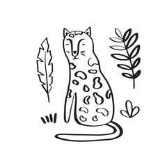 Cute leopard surrounded by tropical plants. Doodle style vector illustration isolated on white background for your design