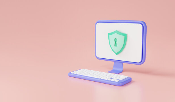 PC screen with shield protection icon. Lock laptop screen, laptop or pc protection, computer security, personal data security, privacy, safety. Security shield lock concept. 3d rendering illustration