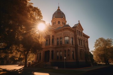 Historic courthouse in Auburn, CA illuminated by sunlight. Generative AI