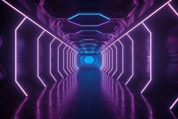 Luminous sci-fi tunnel with reflective cement walls, blue & purple neon lights, hexagonal floor. 3D render. Generative AI