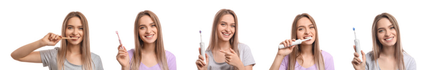 Set of young woman with different tooth brushes on white background
