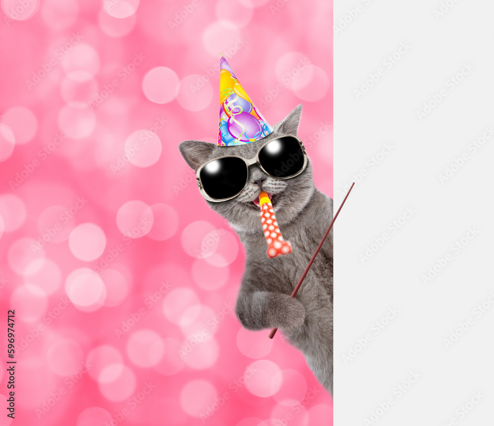 Poster Happy cat wearing party cap and sunglasses blows in party horn and points away on empty white banner. Shade trendy color of the year 2023 - Viva Magenta background. Empty space for text