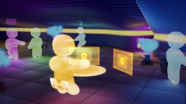 metaverse avatar is surfing, downloading videos in virtual space