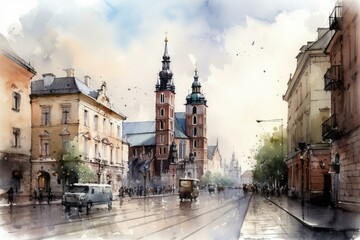 Fototapeta na wymiar Watercolor painting of Florianska street in the old town of Krakow, Poland with the Mariacki church in the background. Generative AI