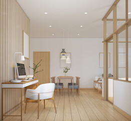 Modern japan style home office desk decorated with wood desk and drawers, white wall and wood slat wall. 3d rendering