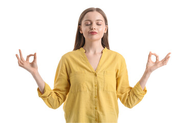 Young woman meditating on white background. Balance concept
