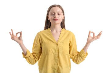 Young woman meditating on white background. Balance concept