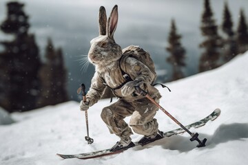 Panoramic view of a skiing rabbit. Generative AI