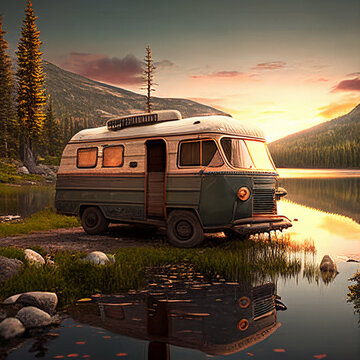 Recreational Vehicle Parked by a Lake Generative AI