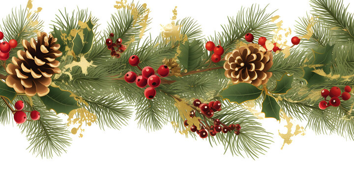 Festive Christmas border, isolated on white background. Fir green branches are decorated with gold stars, fir cones and red berries, banner format.
Generative AI. 