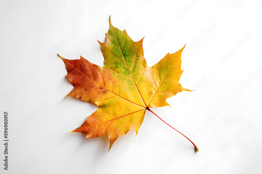 Wall mural the image of an autumn theme natural maple leaf in yellow and green tones on a white background. gen