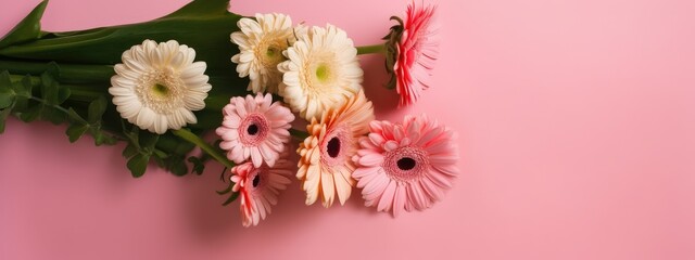 Bouqet of colorful flowers for Mother's Day laid out on pink background flat style