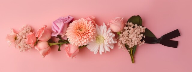Bouquet of flowers for Mother's Day laid out on pink background flat style
