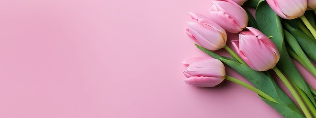 Bouquet of tulips for Mother's Day laid out on pink background flat style