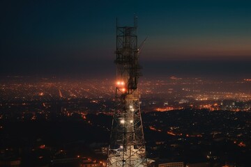 A telecom tower for 5G wireless communication with antennas, seen at dusk. Generative AI