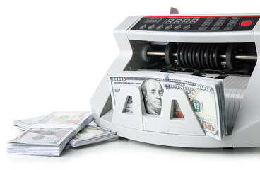 Modern cash counting machine with dollar banknotes on white background, closeup