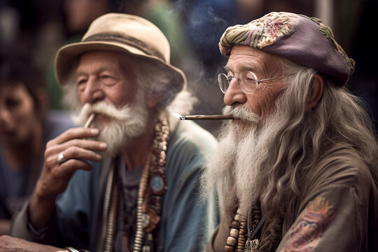 two old hippies smoking. Generative AI
