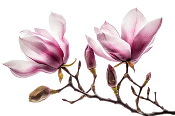 Obraz na płótnie Canvas two branches of pink magnolia flowers isolated on transparent background Generative AI