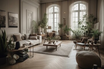 Soothing and spacious living space with neutral tones and natural lighting, complemented by a houseplant. Generative AI