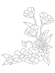 Vector hand drawing corner bouquet with outline Anemone flower or Windflower, bud and leaf in black isolated on white background. Ornate contour Anemone for spring or summer design or coloring ...