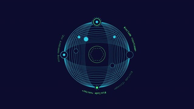 Looped animation of a wireframe sphere HUD element.