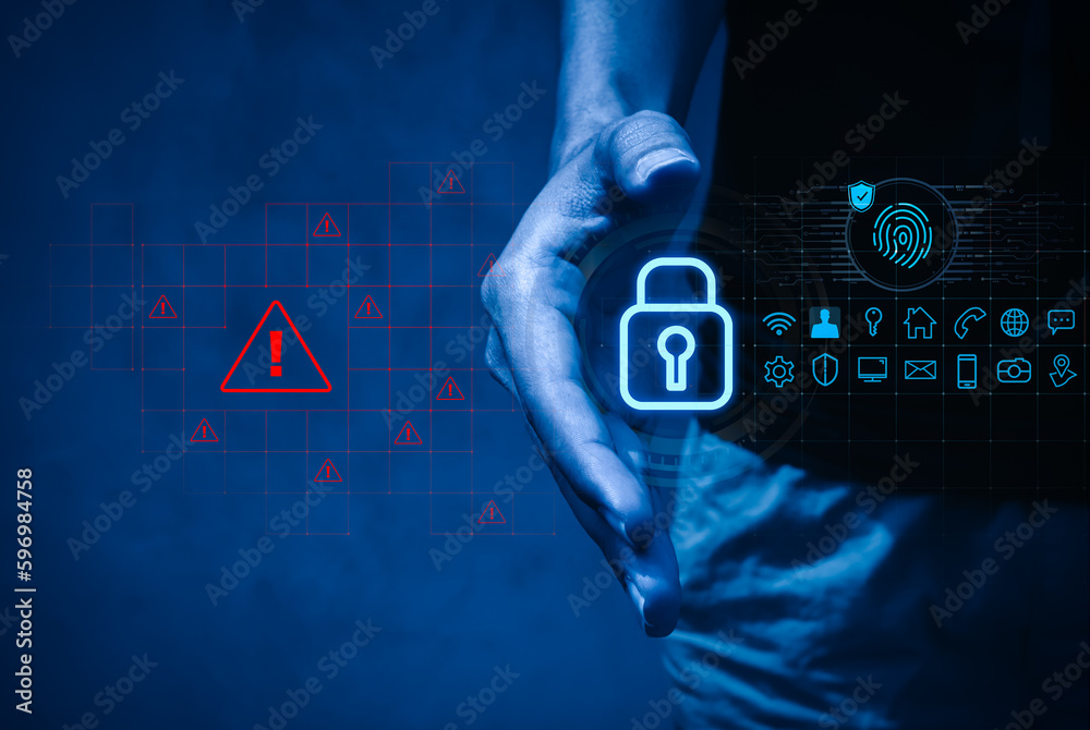 Poster personal data protection and cyber security concepts. digital padlock icon, biometric fingerprint sc