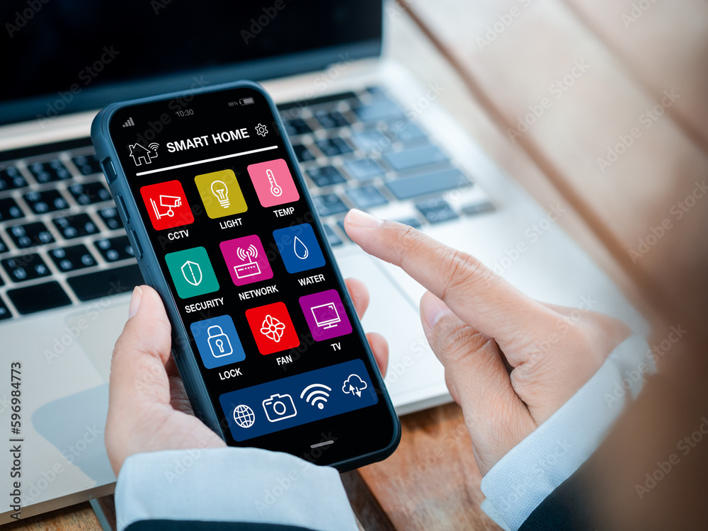 Aufkleber smart home applications technology on smartphone holding in hand. smart house app screen on mobile p