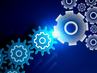 Blue shiny light bulb on digital gear wheels graphic icon connected with real gear cog wheels with rising arrows on blue background. Business strategy, management technology and solution concepts.