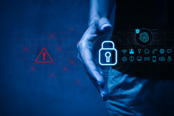 Personal data protection and cyber security concepts. Digital padlock icon, biometric fingerprint scan with shield symbol with information element icons protect from red attention alert signs by hand.