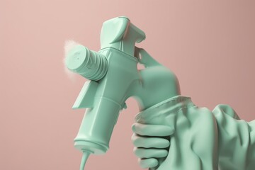 Cleaning the house with sprayer and gloves on pastel background. 3d imagery. Generative AI