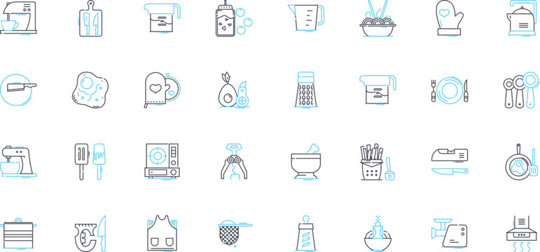 Cuisine Preparation linear icons set. Sauteing, Grilling, Roasting, Boiling, Baking, Frying, Braising line vector and concept signs. Steaming,Poaching,Grating outline illustrations Generative AI