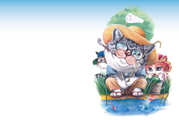 釣りをするお父さん猫と子供たちのポストカード
