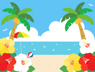 ハイビスカスと海や入道雲などの真夏のビーチをイメージしたイラスト
