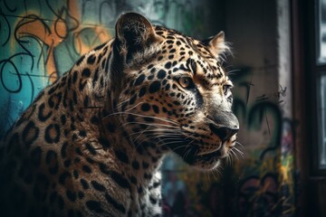 Fototapeta na wymiar Graffiti and leopard on grungy background. Generative AI