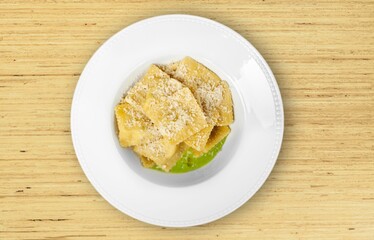 Tasty fresh noodles dish with cheese