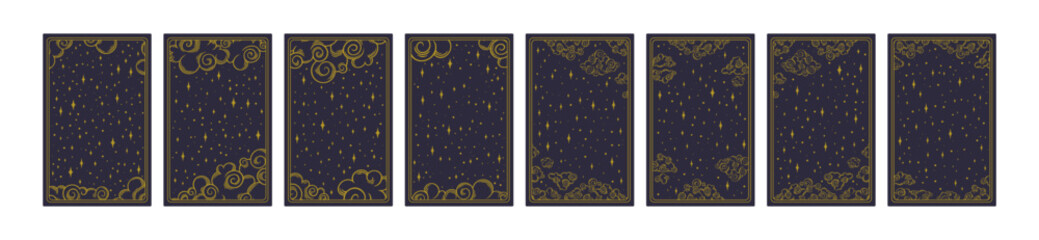 Tarot aesthetic golden card. Starred tarot design for oracle card covers. Vector illustration isolated in blue background